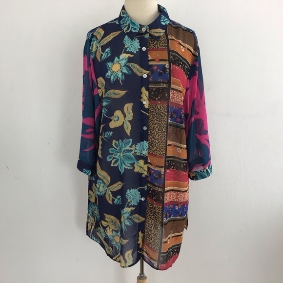 Rose & Olive lagenlook shear print button up 3/4 sleeve tunic/coverup 1X NWT - Picture 1 of 9